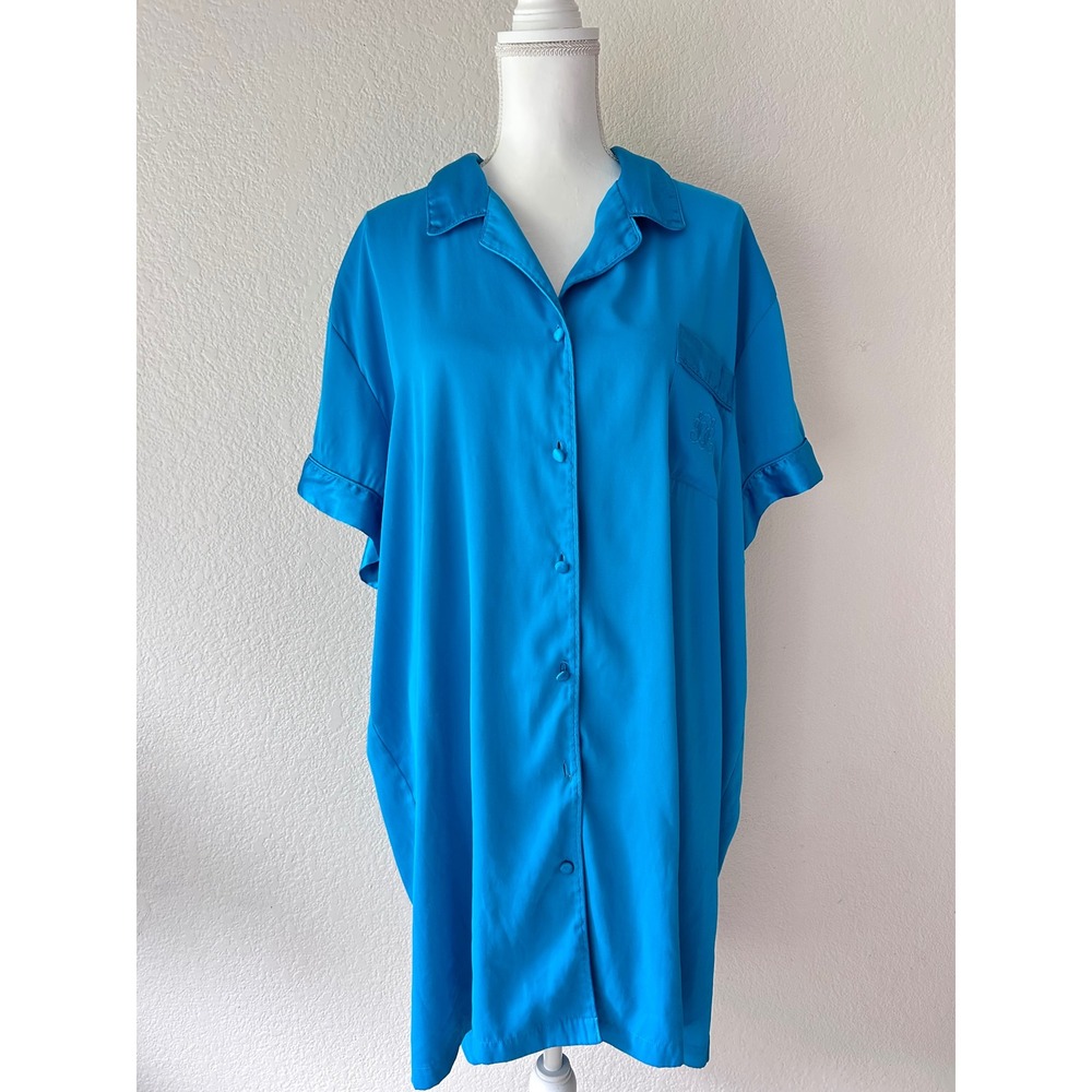 Cabernet Sleepwear Blue Satin Button Down Nightgown Sleep Shirt XXL Short Sleeve
